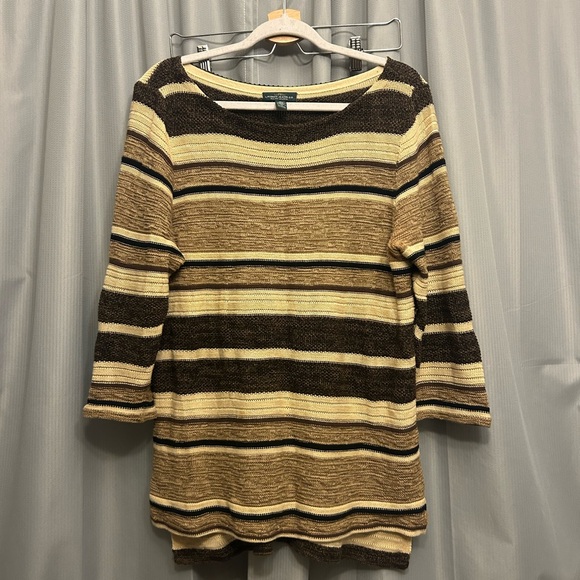 LRL Lauren Jeans Co Women brown tan Stripe Linen Blend Knit Sweater - Picture 1 of 16